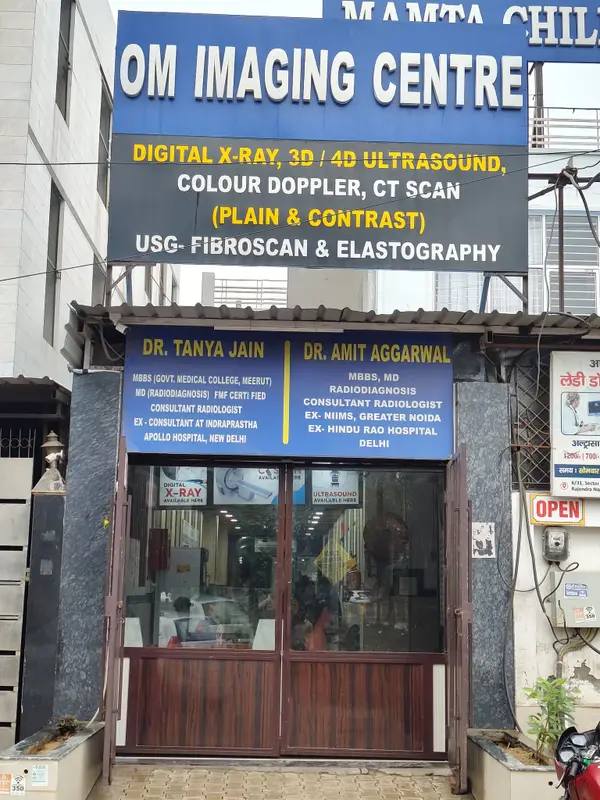 Front of Om Imaging Centre in Rajendra Nagar with a signboard listing digital X-ray, ultrasound, Colour Doppler and CT scan